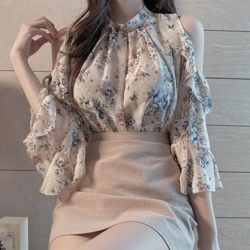Jangj Halterneck Floral Chiffon Shirt 2022 Spring Summer New Fashion Blouse Elegant Long Sleeve Clothing for Female