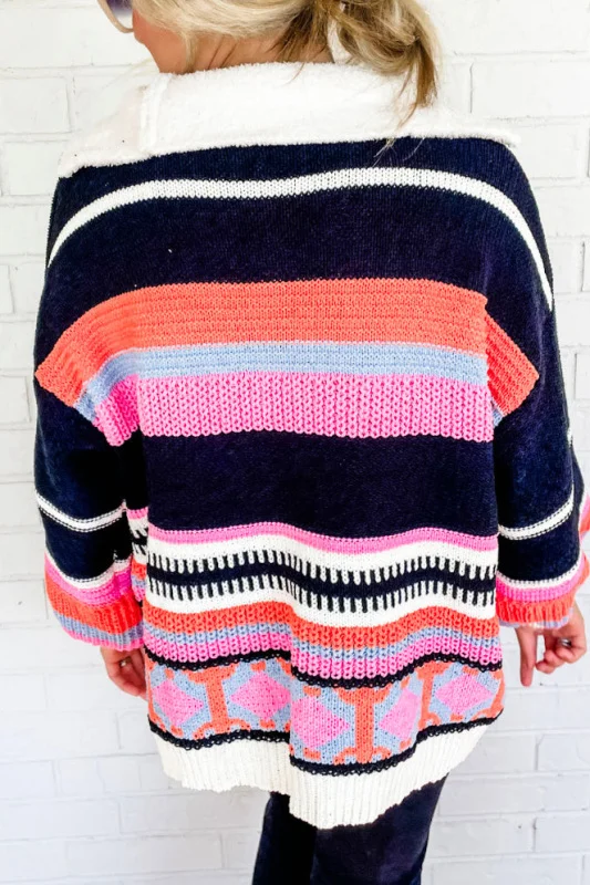 Retro floral striped patchwork zip-up sweater