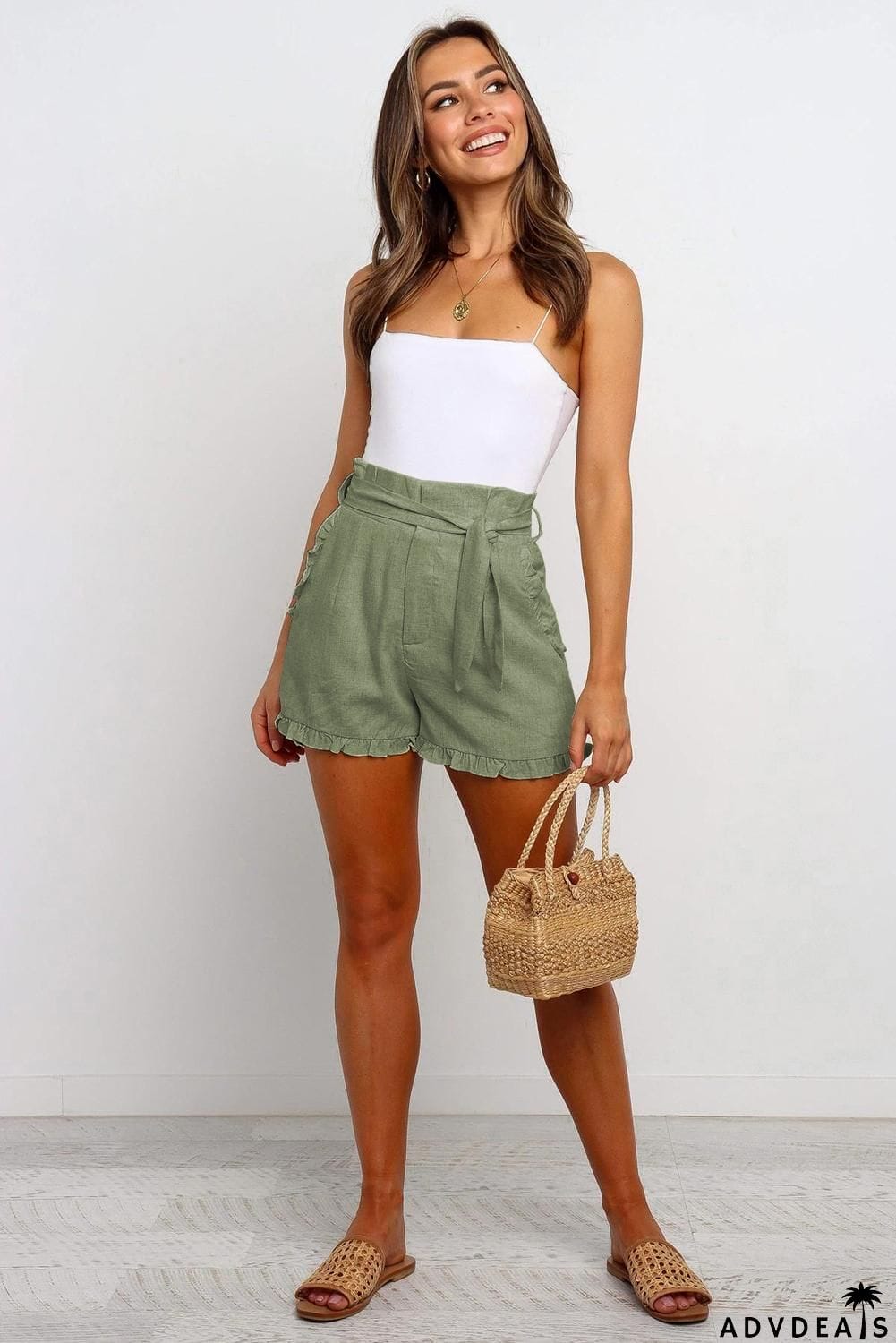 Beige Ruffled Trim High Waist Getaway Shorts