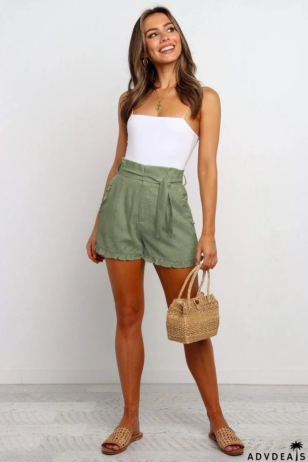 Beige Ruffled Trim High Waist Getaway Shorts