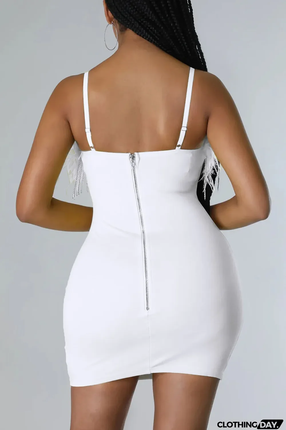 White Sexy Solid Patchwork Feathers Chains Spaghetti Strap Pencil Skirt Dresses