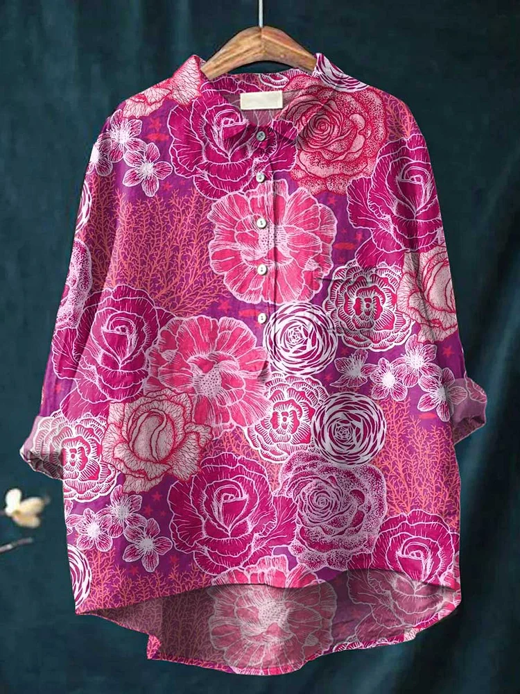 Womens Art Rose Flower Casual Cotton and Linen Shirt