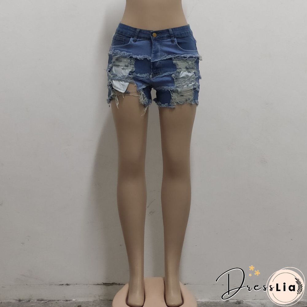 Summer Sexy Patchwork Women Ripped High Waist Holes Stretch Streetwear Plus Size Denim