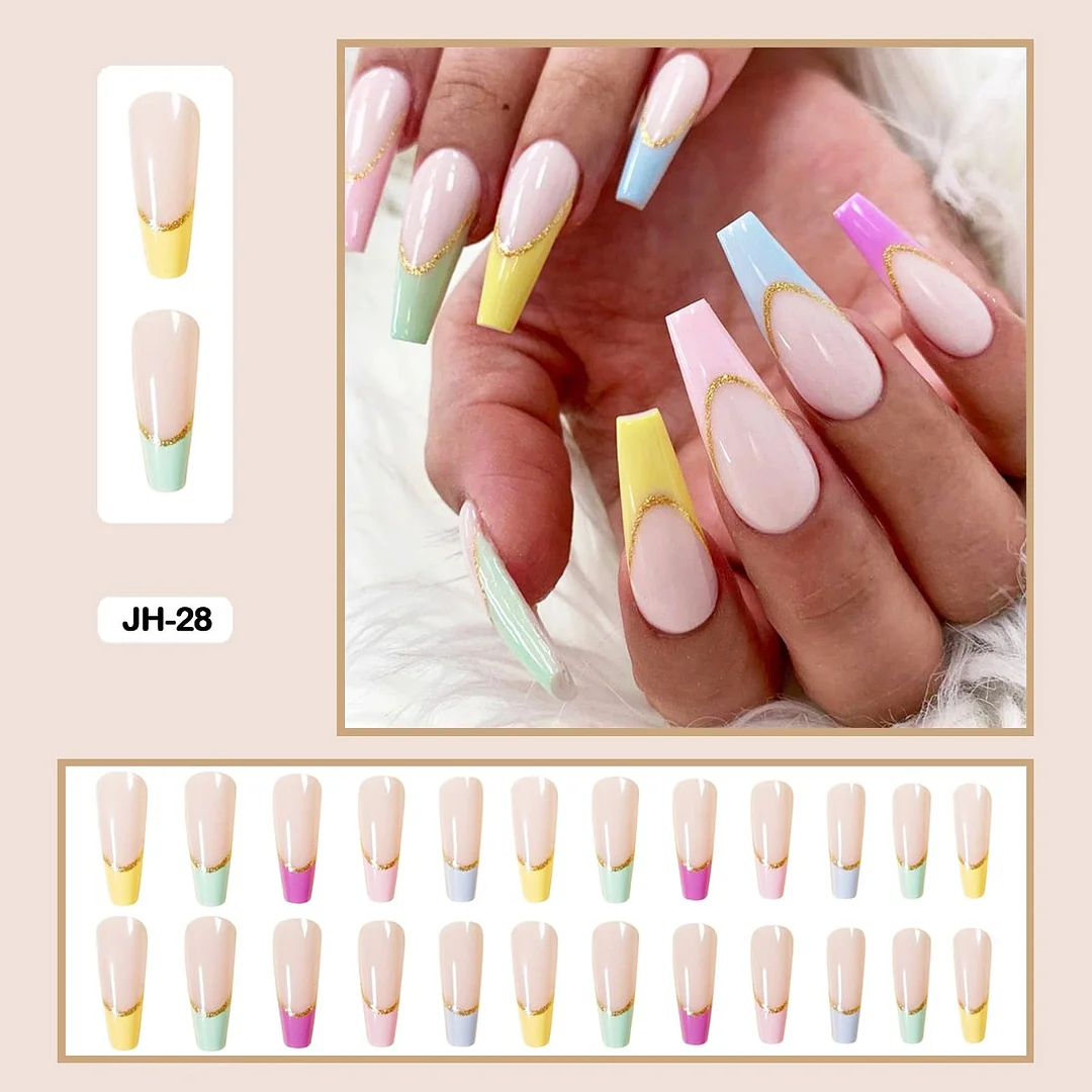 24pcs/box Long Trapezoid Fake Nails Geometric Simplicity Personality Graffiti Animal Pattern Nail Art Nails Press on With Glue-Nail Inspo