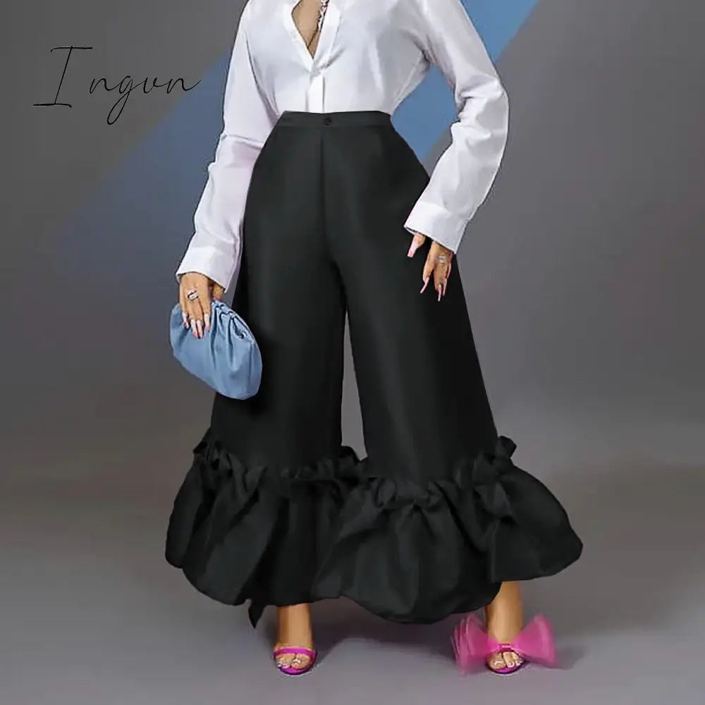 Ingvn - Women High Waist Flare Pants Wide Leg Big Size Shiny Fuchsia Bell Bottoms Trousers Dressy