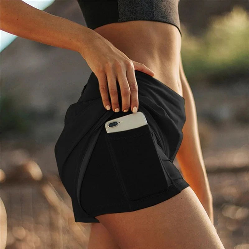 Quick Dry High Waisted Workout Sport Running Solid Shorts Women Double Layer Fitness Training Shorts With Phone Pocket
