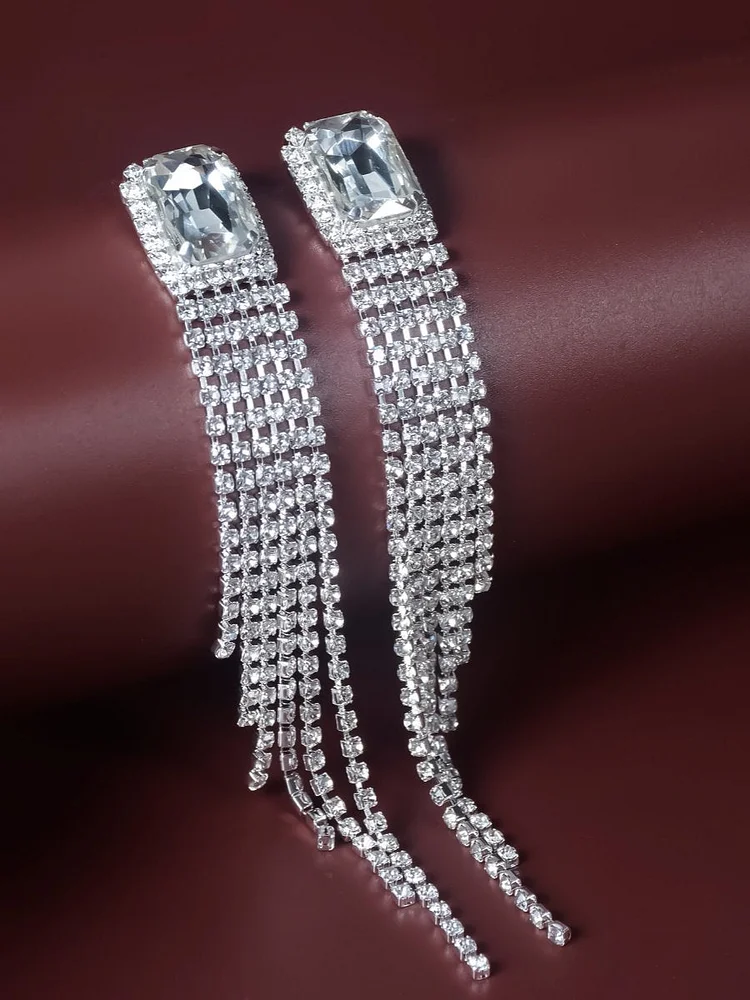 Lady Rhinestone Crystal Long Tassel Earrings