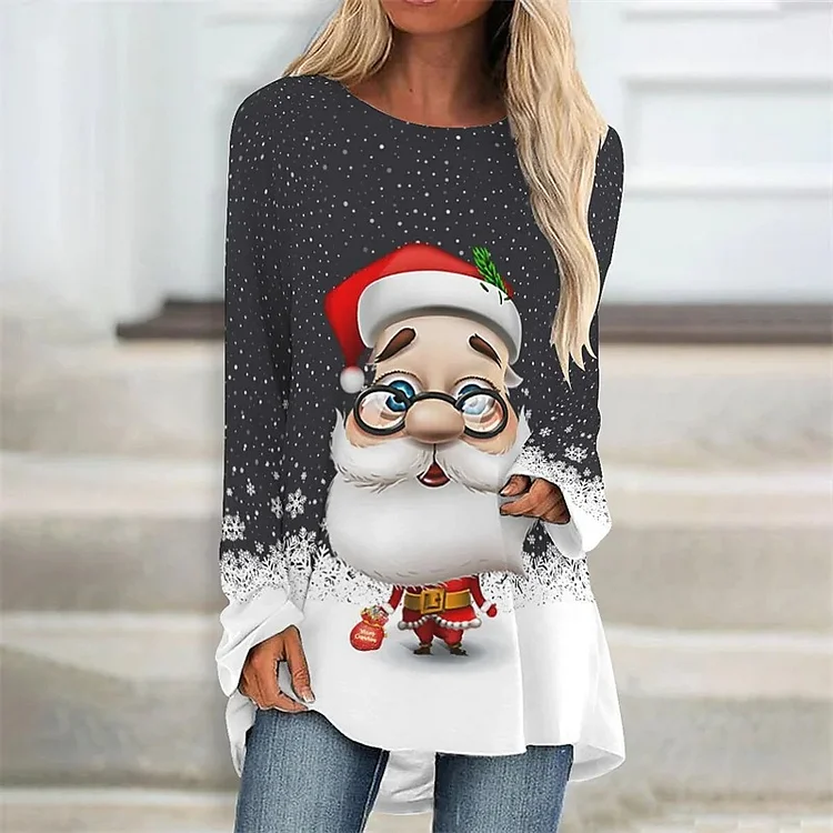 Wearshes Santa Print Crew Neck Colorblock Tunic