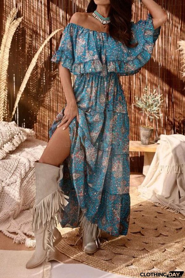 One-neck sweet ruffled print waist dress