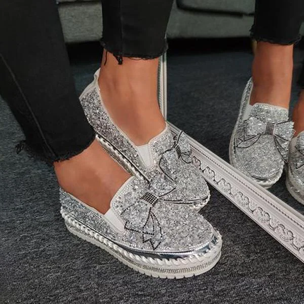 Women Shining Rhinestone Slip-on Loafers&Sneakers with Cute Bowknot