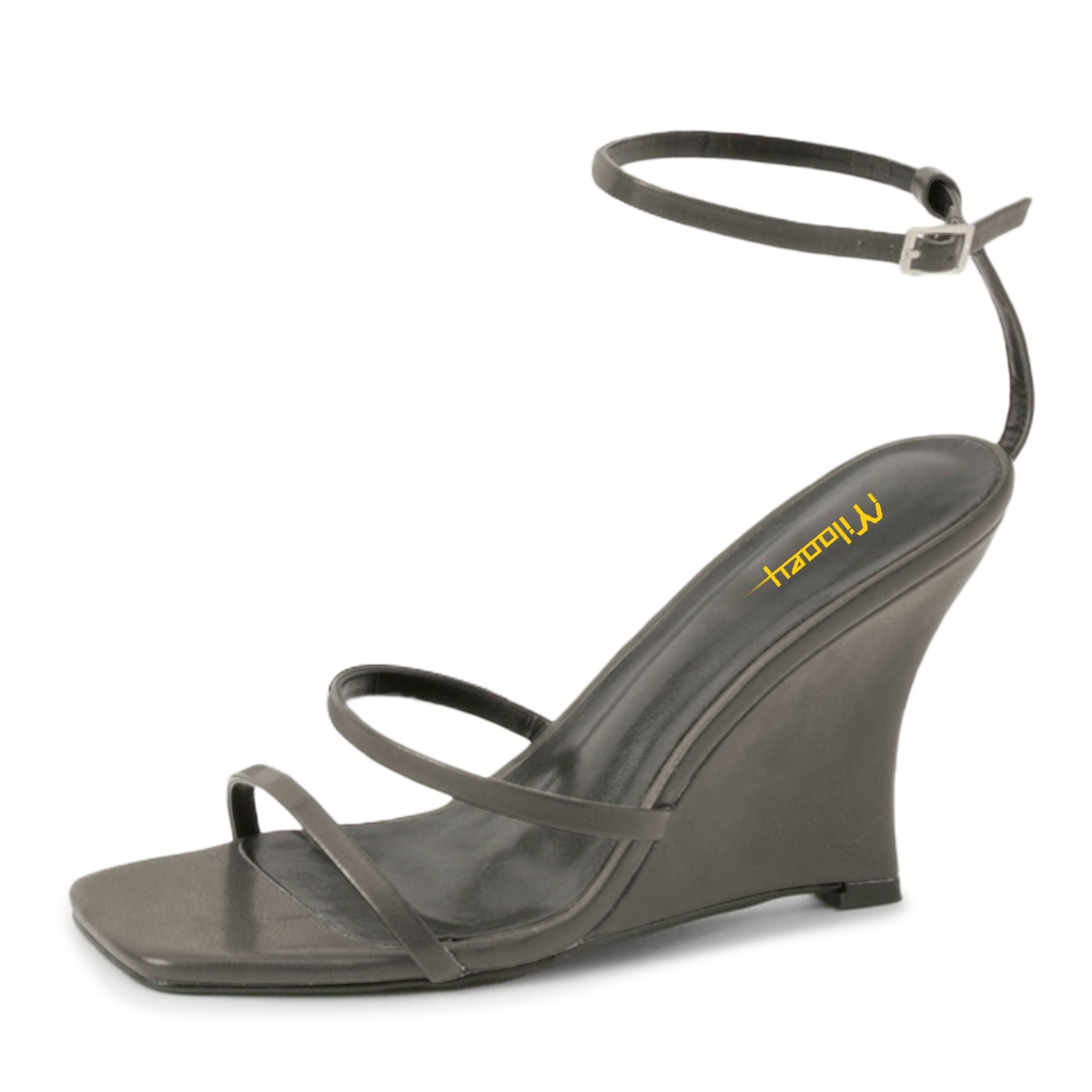 Square Toe Strappy Buckle Wedge High Heel Grey Women Sandals Nicepairs