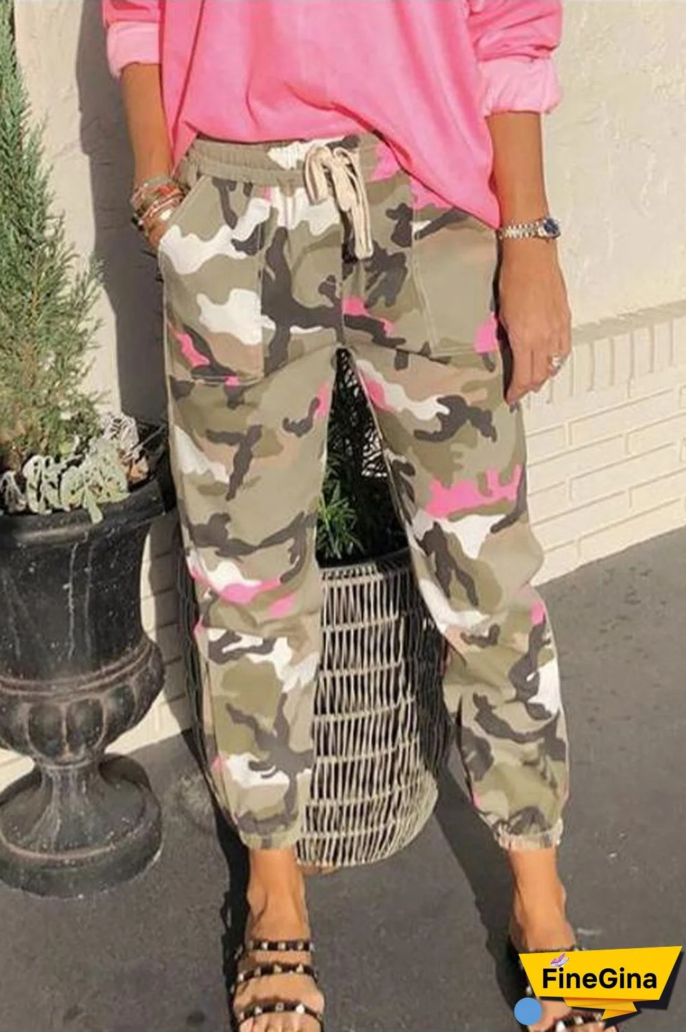 Camo Elastic Mid Belt Waist Cargo Pants