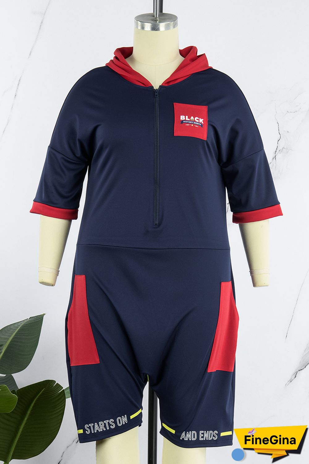 Blue Red Casual Print Patchwork Contrast Hooded Collar Plus Size Romper