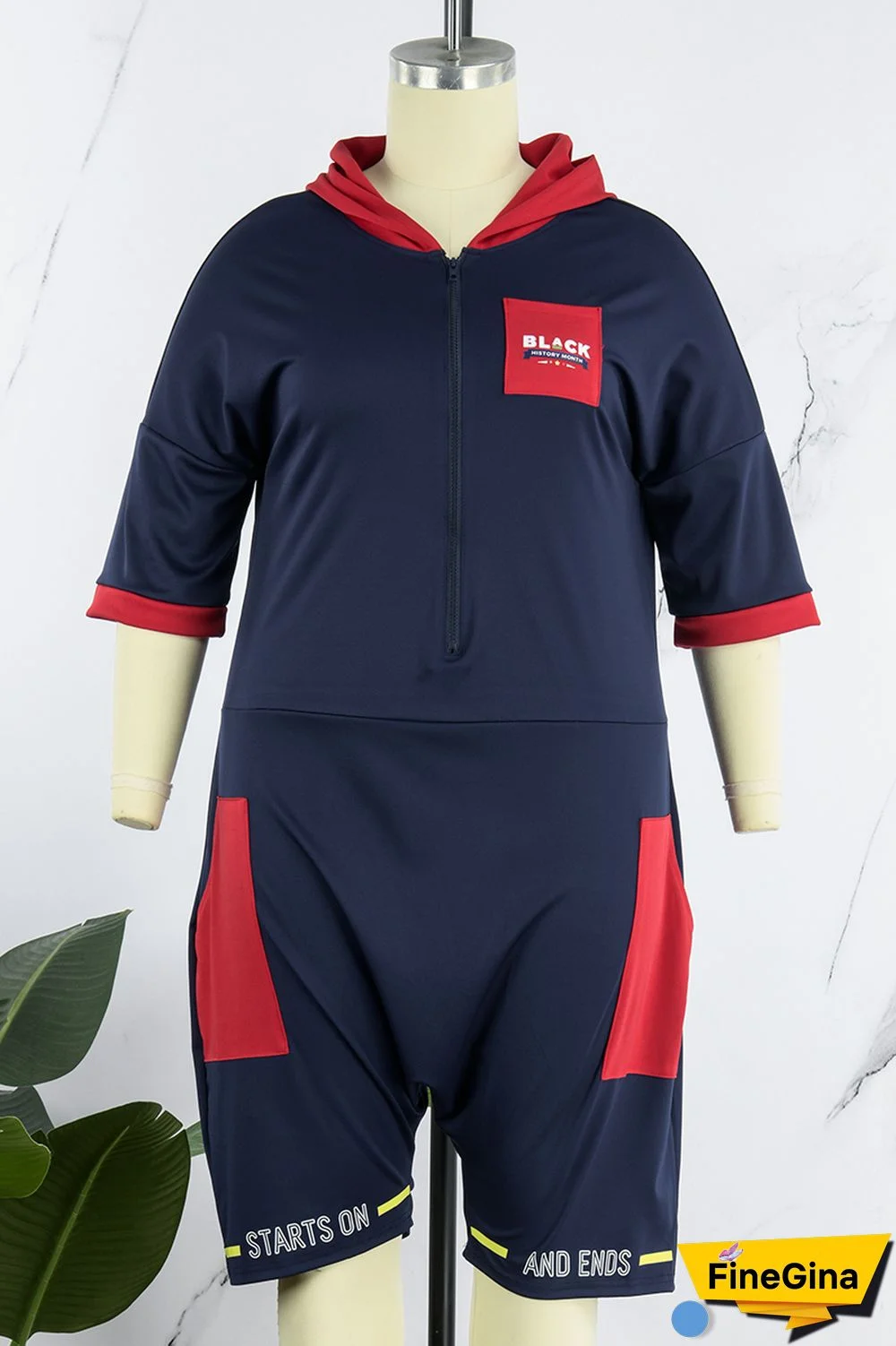 Blue Red Casual Print Patchwork Contrast Hooded Collar Plus Size Romper