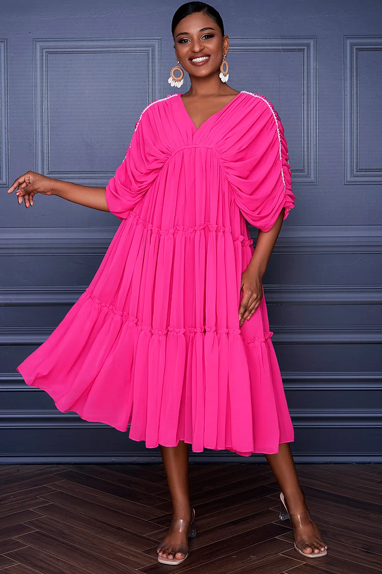 Xpluswear Design Plus Size Hot Pink Daily Chiffon V-neck Overlay Midi Dress 