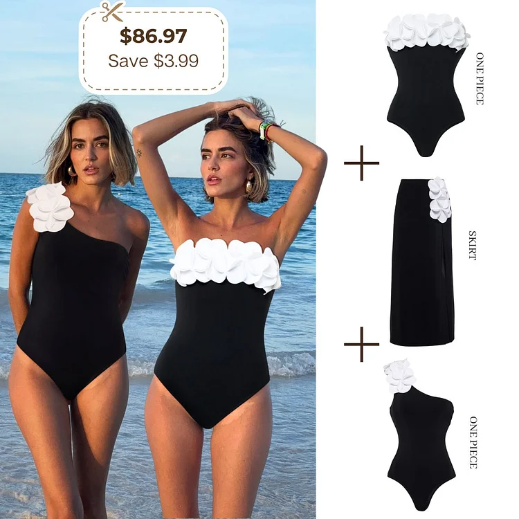 Oblique Shoulder 3D Flower Color Block One Piece Swimsuit And Skirt