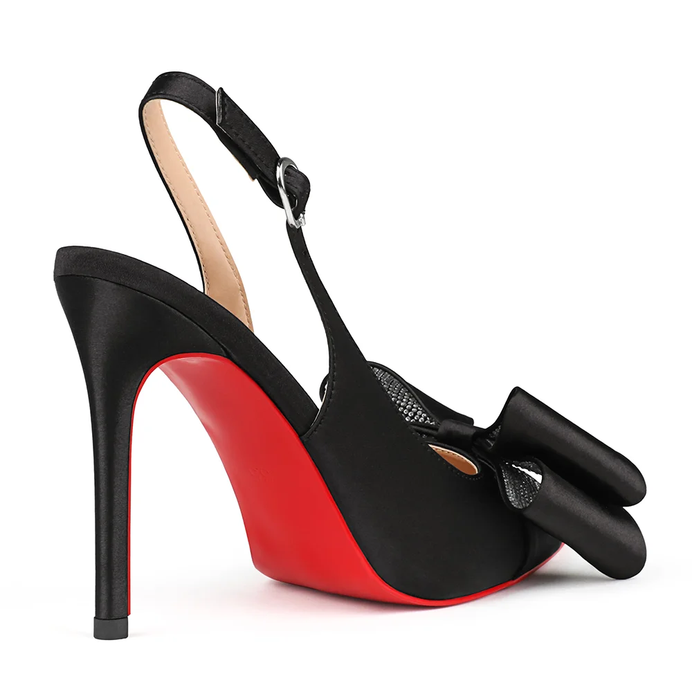 100mm Women's Red Bottom Diamonds Bows Slingback Sandals Design Heels Pointed Toe Stiletto Shoes -MERUMOTE