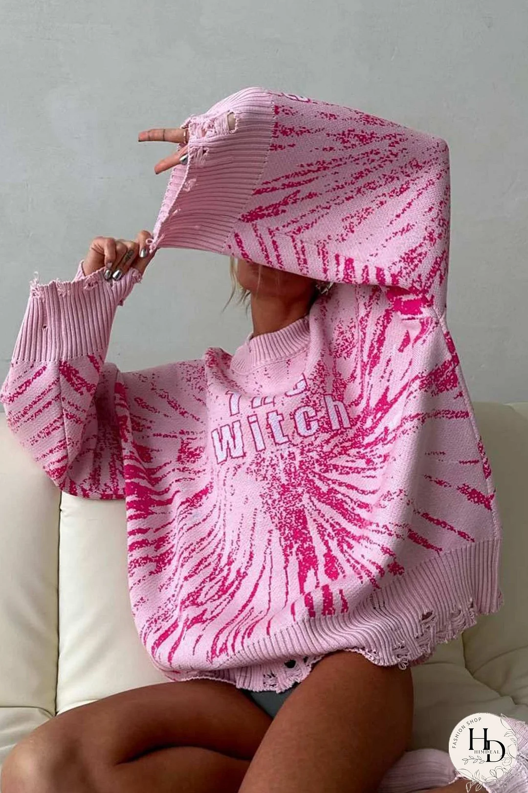 Letter Embroidery Distressed Pullover Sweater