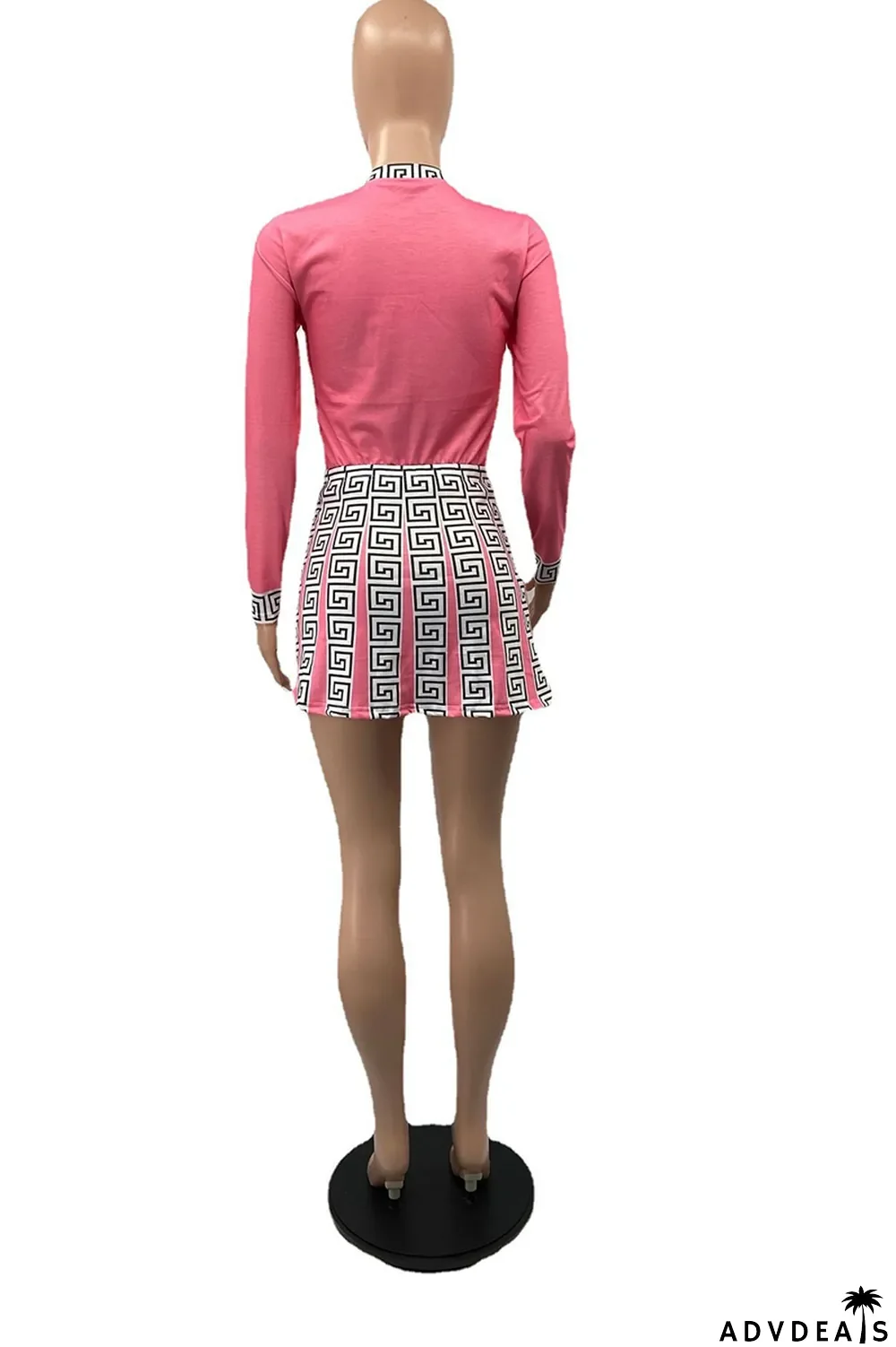 Pink Fashion Print Patchwork O Neck Long Sleeve Two Pieces