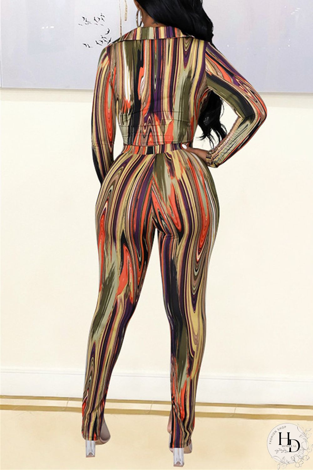 Rose Red Blue Sexy Casual Print Bandage Turndown Collar Long Sleeve Two Pieces