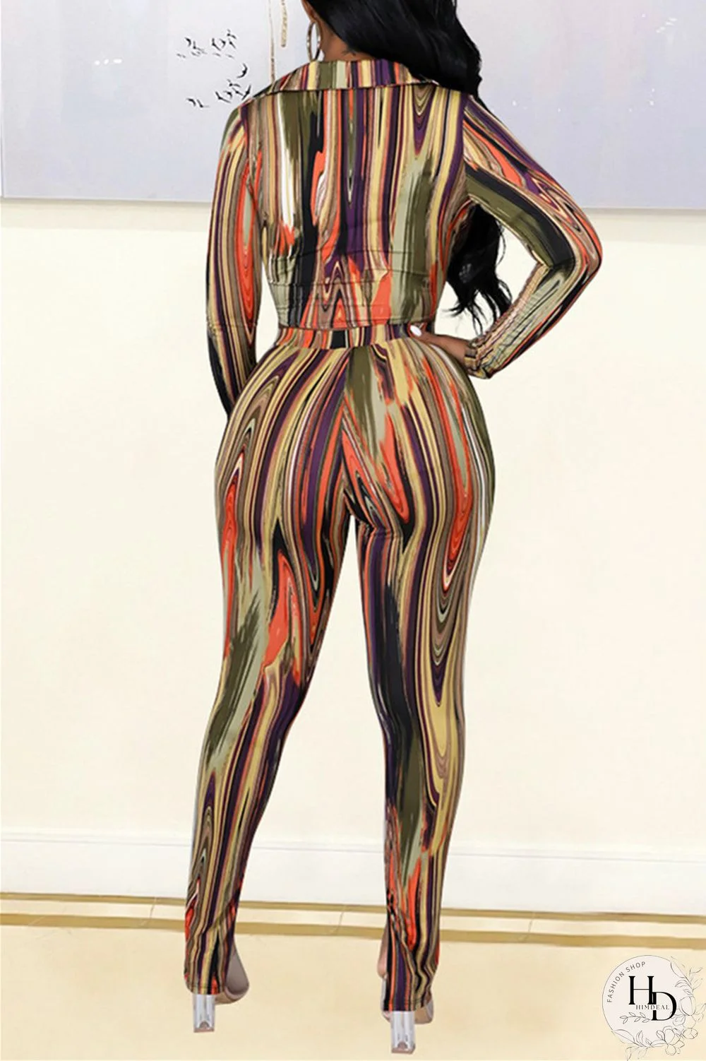 Rose Red Blue Sexy Casual Print Bandage Turndown Collar Long Sleeve Two Pieces