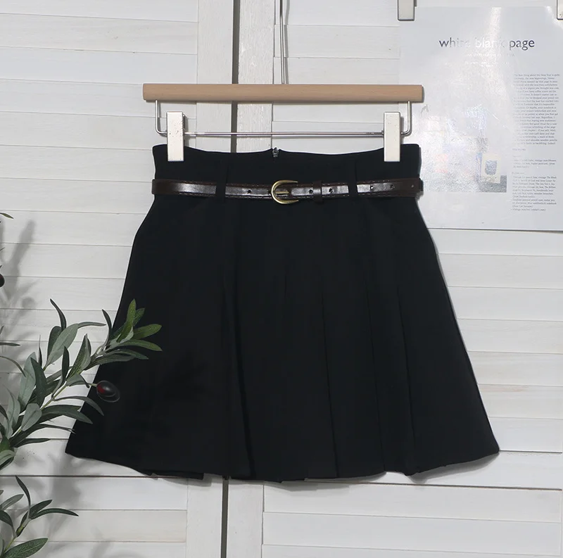 Uveng College Style Gray Half Skirt Short Skirt Small High-Waist A-Word Skirt Jk Skirt With Belt 8200