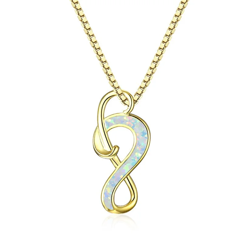 Cute Music Note Pendant Necklace White Blue Opal Stone Necklace Vintage Gold Silver Color Chain Necklaces For Women