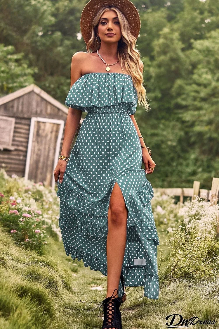 Polka Dot Strapless Slit Ruffled Maxi Dress