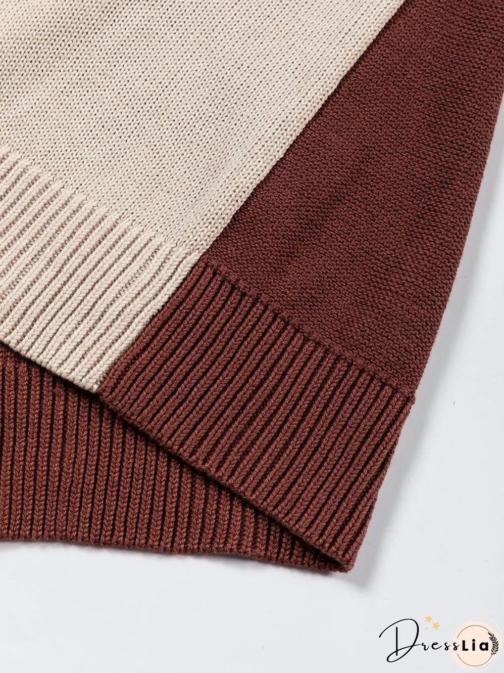 Brown Colorblock Bishop Sleeve Patchwork Rib Knit Sweater