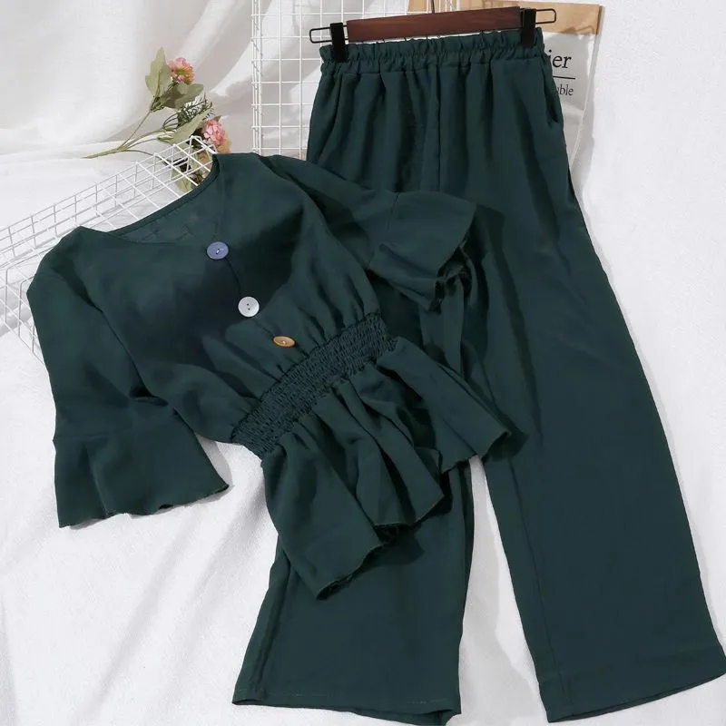 V Neck Elastic Waist Ruffles Hem Blouse And High Waist Slim Wide Leg Pants Women Sets