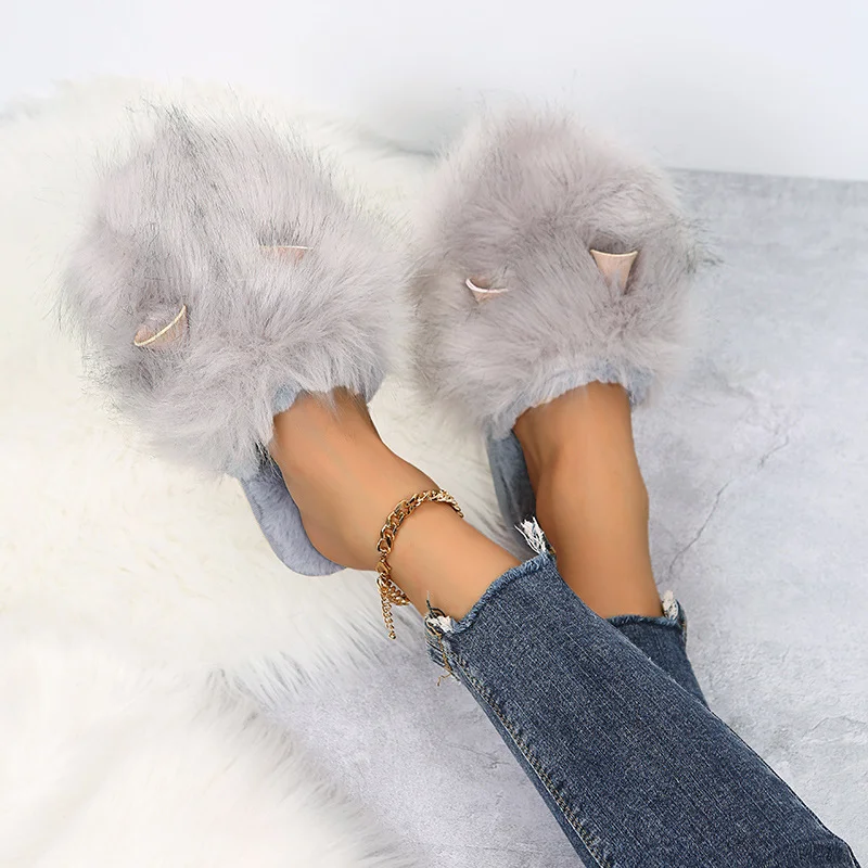 Breakj Cotton Slippers 2023 Lovely Ears Home Hair Slippers Women's Autumn And Winter New Large Size Cotton Warm Slippers