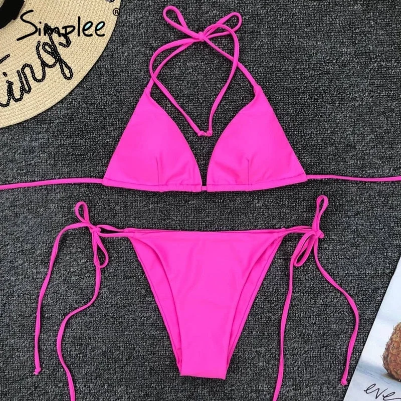 Simplee Halter bikini 2019 micro String sexy bathing suit women bathers Triangle thong swimsuit female neon swimwear biquini