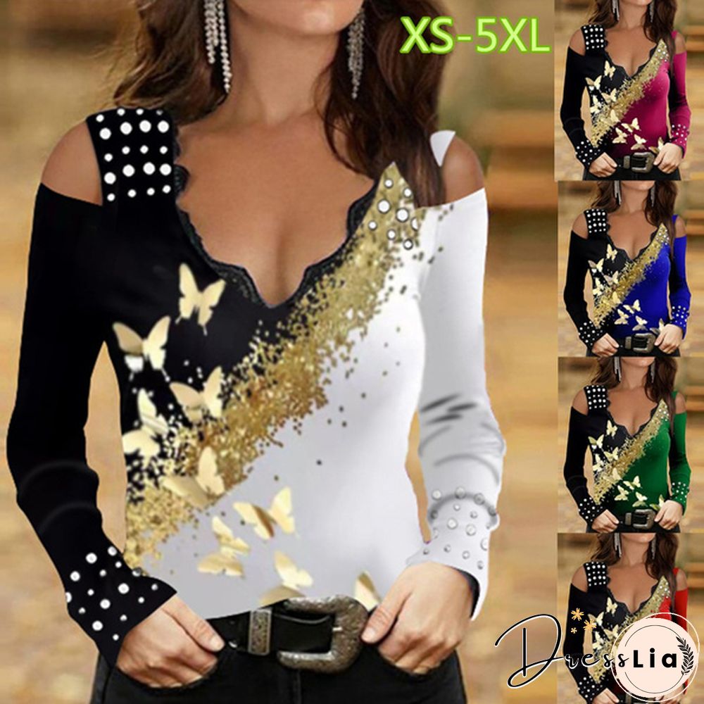 Spring and Early Autumn New Fashion Women's Butterflies Printed Long Sleeve Lace V-neck Strapless Top Casual Loose Plus Size Soft and Comfortable Thin Bottoming Shirt XS-5XL