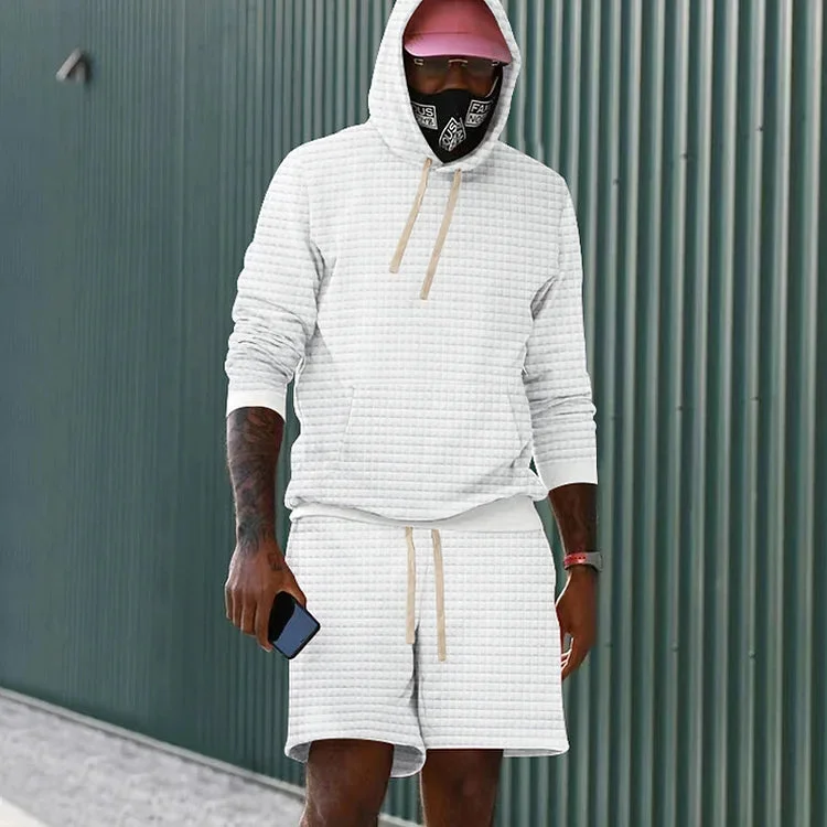 Solid Color Casual Checkered Long Sleeve Hoodie And Shorts Co-Ord