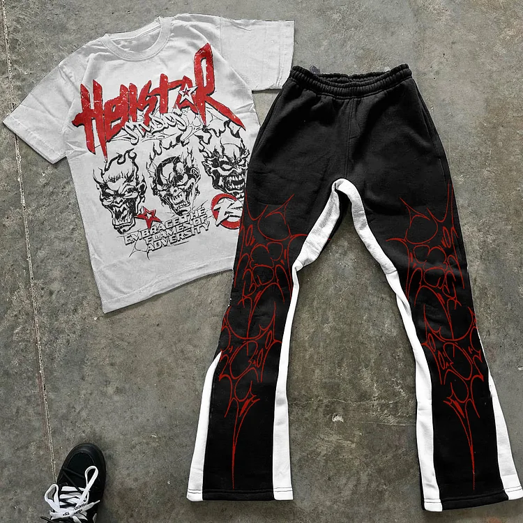 Personalized Hellstar Printing Short Sleeve Tee & Flared Trousers Two Piece Set