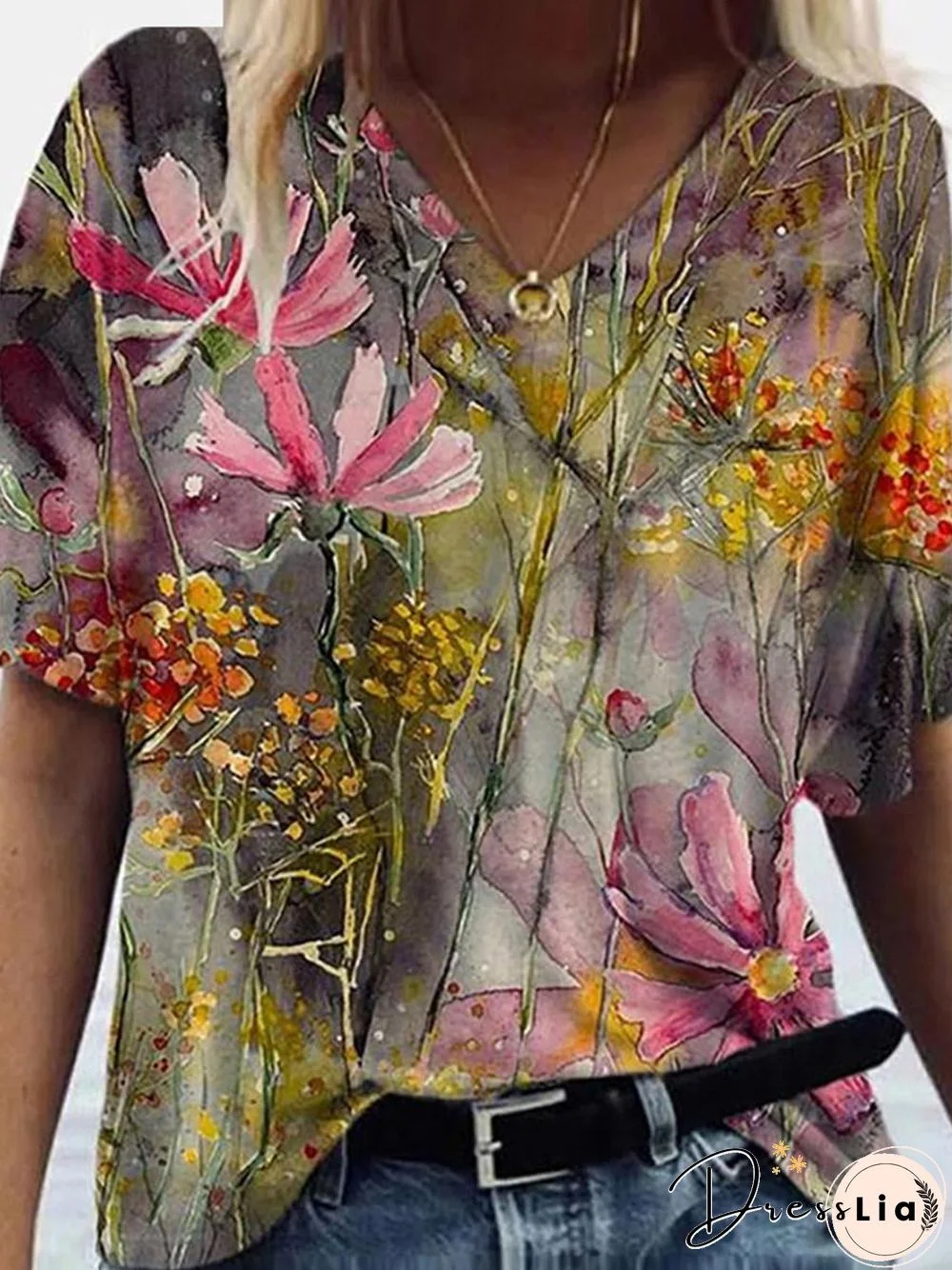 Floral Print Short Sleeve V-Neck T-Shirt