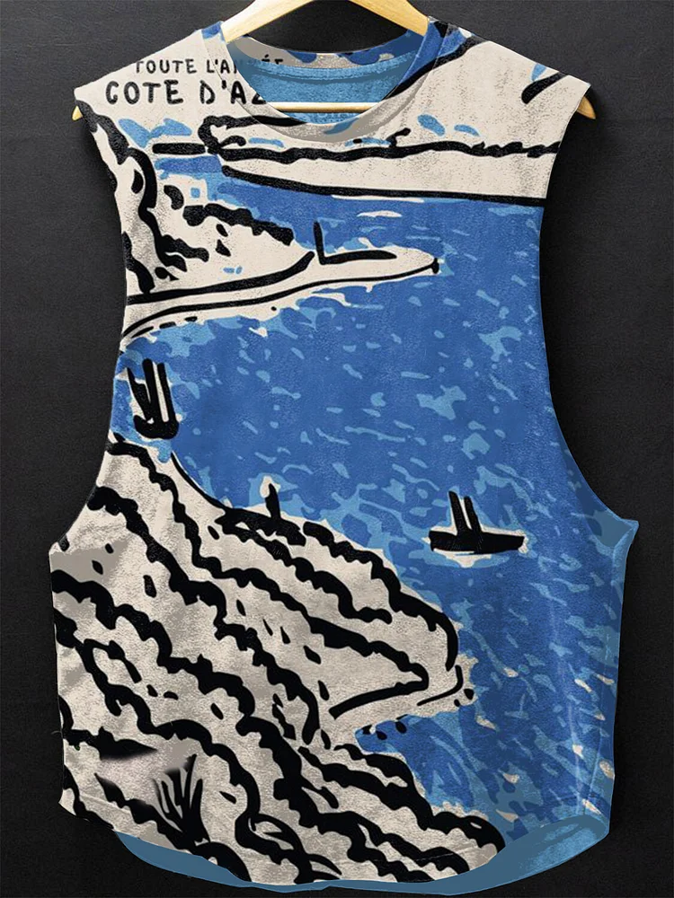 Men's Cartoon Art French Riviera Print Vacation Tank Top