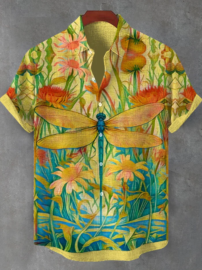 Men's Dragonfly Floral Plant Print Short Sleeve Shirt