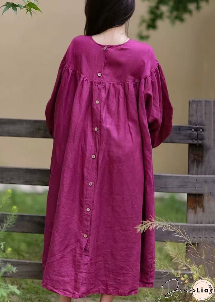 Loose Rose O Neck Button Solid Cotton Long Dress Fall
