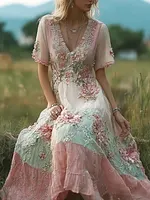 Bohemian Retro Countryside Style Plant Flower Design Women's Linen Dress