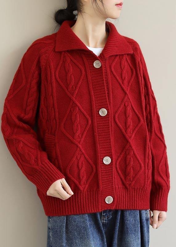 Red Knitted Top Stand Collar Pockets Oversized Spring Knitwear