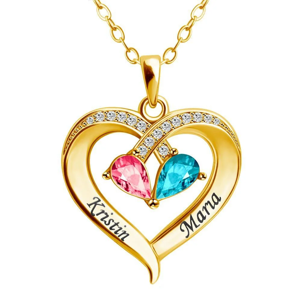 Vangogifts 'Forever Love' 2 Birthstone & Heart Pendant Custom Name Necklace| Best Gift for MOM,Wife,Girlfriend