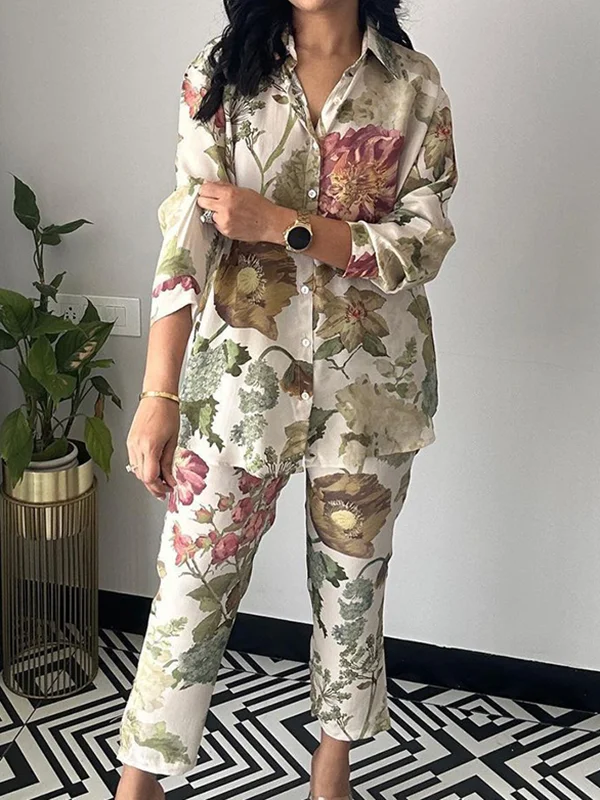 Flower Print Long Sleeves Buttoned Lapel Shirts Top + Ninth Pants Pants Bottom Two Pieces Set