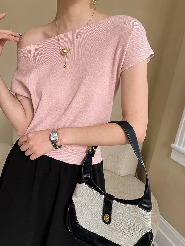 Stylish Loose Solid Color Boat Neck Knitwear Pullovers Tops