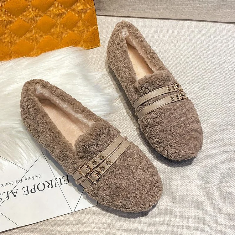 Furry Outer Wearing Flats Loafers Belt Buckle Decor Backless  Wild Fluffy Flat Mules Warm QueenFunky