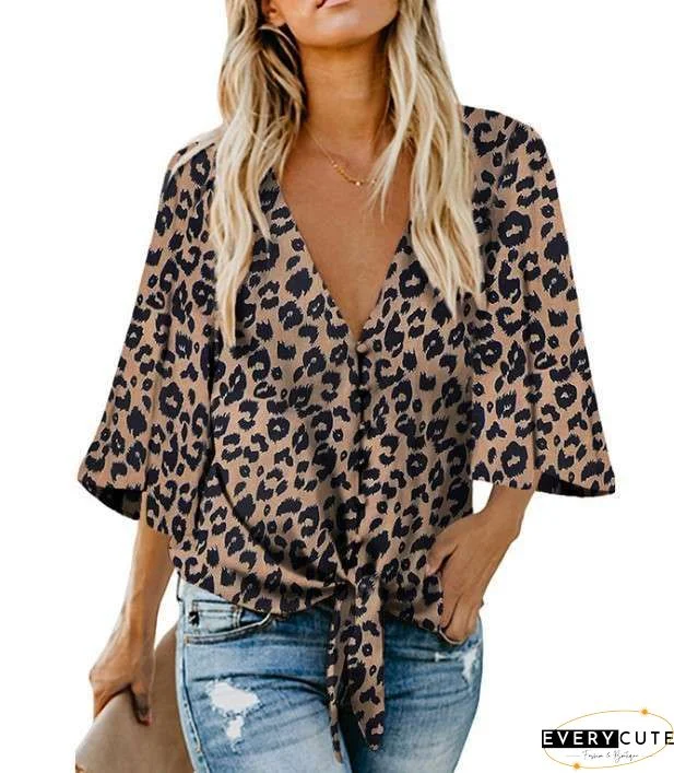 Women's Blouse Shirt Leopard Cheetah Print Long Sleeve V Neck Tops Basic Top Khaki-0203809