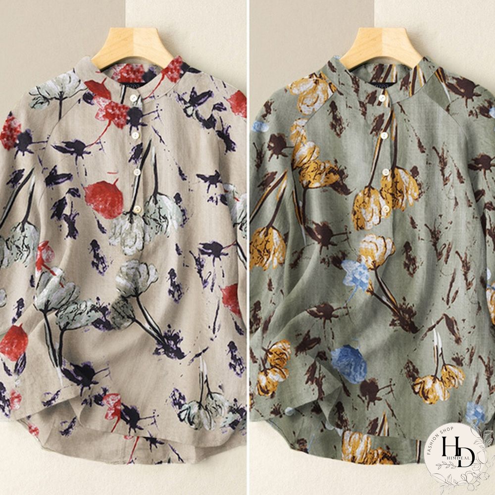 Womens Vintage Cotton Casual Loose Shirt Tee Floral Printed Tops Blouse T-Shirts Plus Size