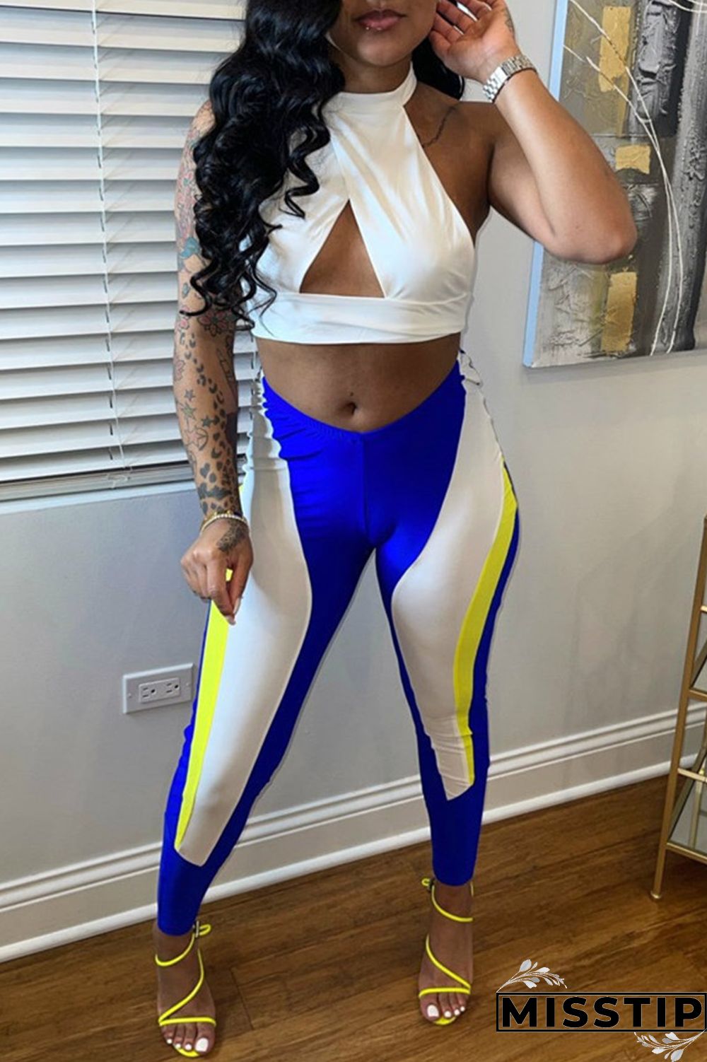 Blue White Fashion Sexy Patchwork Hollowed Out Backless O Neck Sleeveless Two Pieces