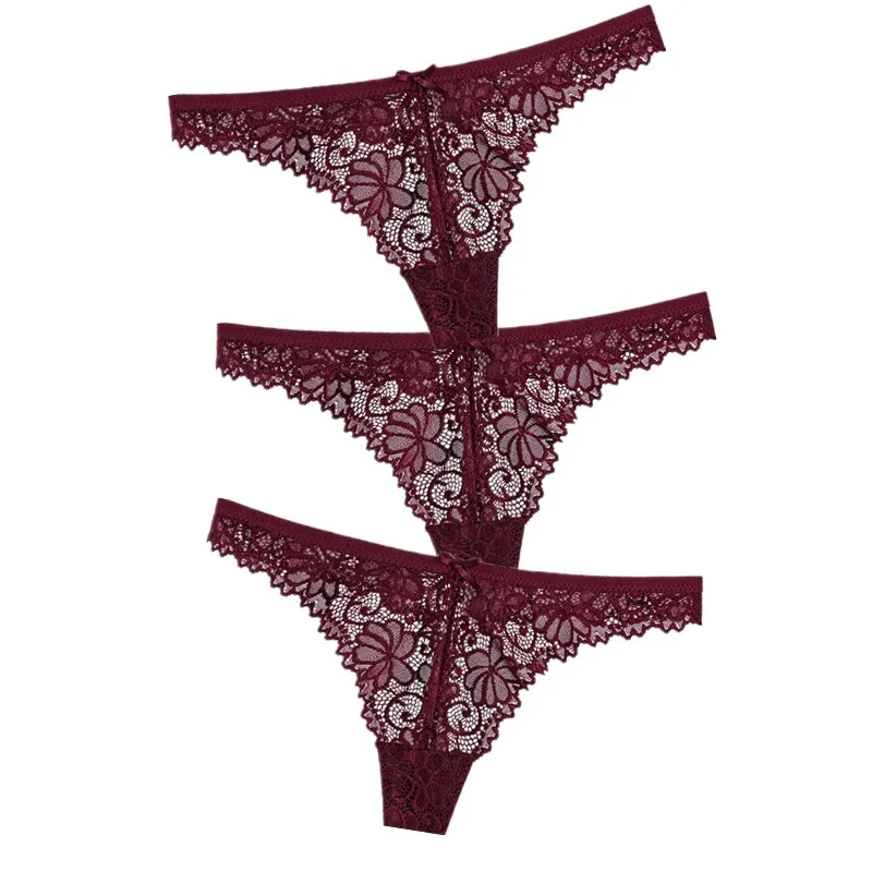 3Pcs/Lot Sexy Lace Thong Low Waist Lace Transparent Panties Women Hollow out Breathable G String Briefs Bow Underwear Lingerie