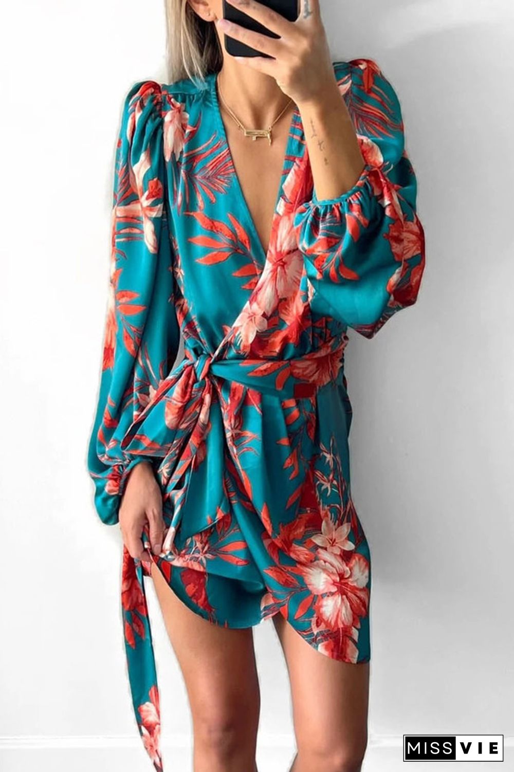 Fashion Print Patchwork V Neck Waist Skirt Dresses